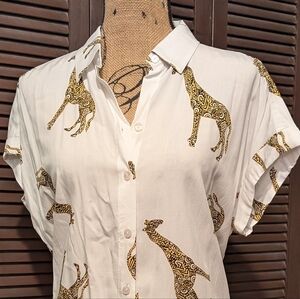 White Button-down Shirt with Giraffe Print